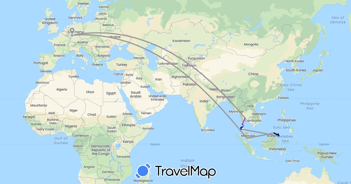 TravelMap itinerary: driving, plane, train, boat in Germany, Malaysia, Thailand (Asia, Europe)